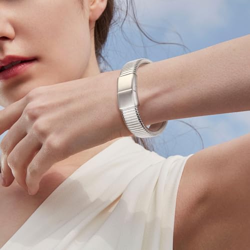 Gold Chunky Stretch Snake Chain Bangle Bracelets Stack for Women Trendy, 18K Gold Filled Stainless Steel Stretchy Womens Stackable Wristband Bangles Bracelet Set - style: 1PC SILVER 16MM