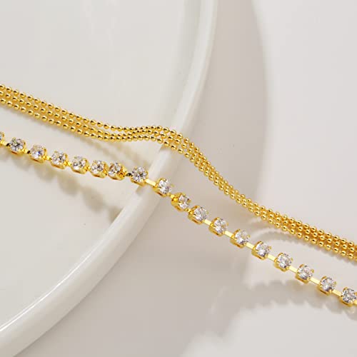 14K Gold Plated Layered Satellite Beads Heart Anklets Layering Rhinestone Cubic Zirconia Ankle Bracelets for Women Minimalist Summer Beach Foot Chain Ankle Jewelry for Her - style: 4 Layered Tennis -GD