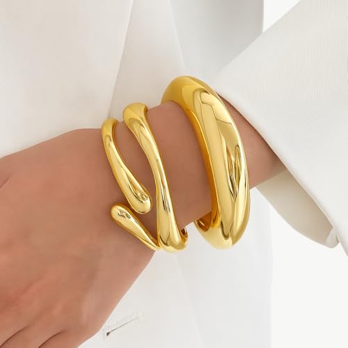 Chunky Gold Bangle Bracelets for Women – 14K Gold Plated, 3-Piece Stackable Cuff Bangles Set, Trendy Minimalist Jewelry - style: Gold-1