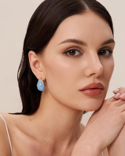 SNGIA Oval C Shape Chunky Dangle 18K Gold Plated Hoops with Colored Resin Gemstone Statement Earrings for Women by SNGIA, (Green, Brown, Blue, Pink, White, Cream), Long Bold Drop Handmade Exaggerated Irregular Trendy Bohemian Jewelry Gifts, Unique Danglin