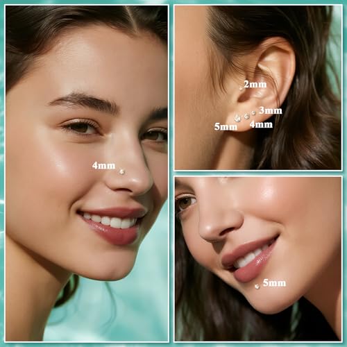 4 Pairs 16G 18G Flat Back Stud Earrings, Hypoallergenic Surgical Steel Set | CZ 2-5mm, internal thread design for nose and tragus piercings use, includes ball grabber tool for easy jewelry changes - color: 16G CZ 2/3/4/5mm Gold
