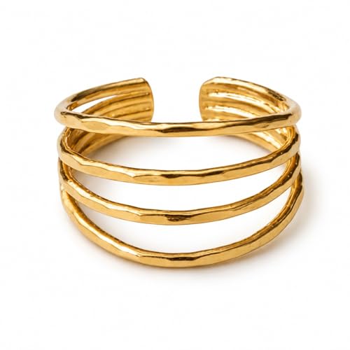 Gold Plated Toe Ring for Women, Adjustable Open Band, Handmade | Fits Toe, Knuckle or Pinky Ring | One Size Fits Most | Comfortable to Wear | Minimalist Style | Water Resistant - color: Multi Band Hammered