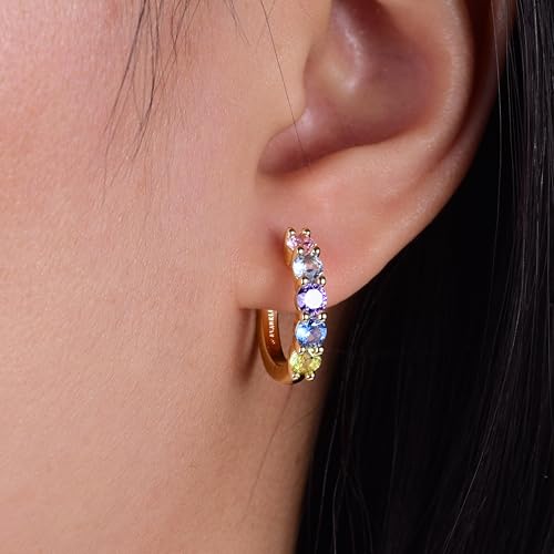 Evabelle Gold Hoop Earrings for Women 14K Real Gold Plated Cubic Zirconia Diamond Hoop Earrings Huggie Hoop Earring Women Earrings Earring for Men 925 Sterling Silver Post Hypoallergenic - color: Hoops 04-Colorful-14K Gold Plated