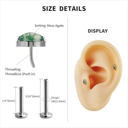 1PC ASTM F136 Titanium Piercing Jewelry for Tragus Conch Helix Flat Labret 18G 6mm 8mm, Cartilage Earring Flatback Stud - color: Moss Agate Marquise - Tit