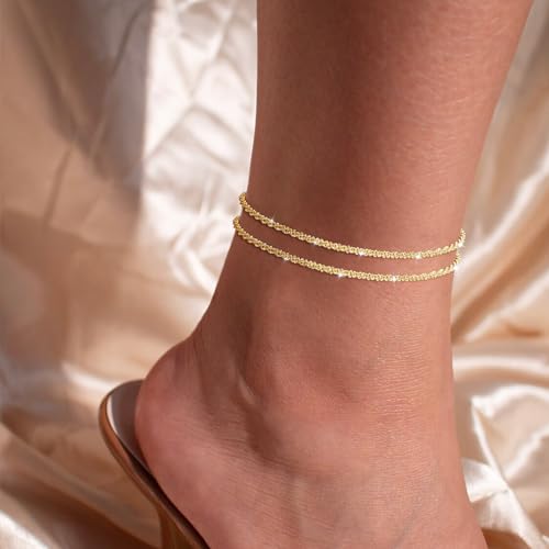 Gold/Silver Ankle Bracelets for Women,14K Gold Anklets for Women Waterproof Sparkly Chain Rhinestone Anklets Set Stackable Layered Anklet Bracelets for Women Beach Gold Jewelry Gift - style: Sparkly GD