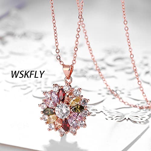 Colorful Snowflake Pendant Necklace, White Gold Plated Multi Gemstone Necklaces Marquise Cubic Zirconia Necklace for Women, 18+2 inch - color: 18k Rose Gold Plated