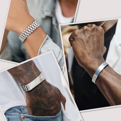 ChainsHouse Men Stainless Steel Bracelet Adjustable Custom ID Engraved Gift | Personalized Silver/Gold/Black for Birthday Father Husband Boyfriend with Gift Box Adjustable Tool 10mm/15mm/15.5mm 8.3"/8.7" - color: C.15mm Width-Silver-No Custom