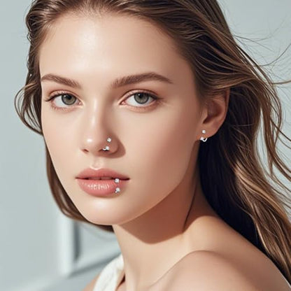 18G 20G Horseshoe Nose Rings Studs with Taper and Grabber | Surgical Steel Nose Ring Pink Cubic Zirconia Nose Piercing,Internally Threaded Nose Rings For Women,Colorful Zirconia - color: Silver-3Pcs Heart