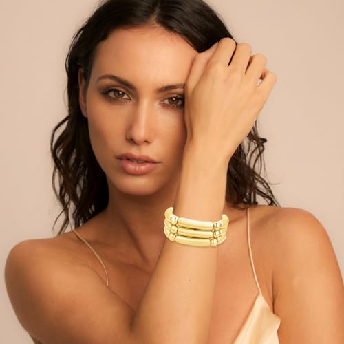 YBMYCM 5PCS Gold Chunky Bangles Bracelets for Women | 14k Gold Plated Stackable Layered Curved Bamboo Tube Stretch Bracelets Bangle Gift Jewelry - color: 3pcs G-8mm