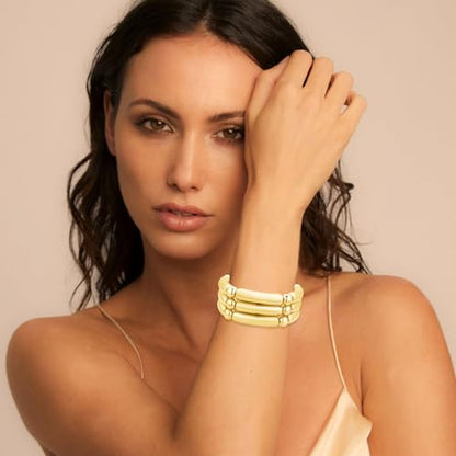 YBMYCM 5PCS Gold Chunky Bangles Bracelets for Women | 14k Gold Plated Stackable Layered Curved Bamboo Tube Stretch Bracelets Bangle Gift Jewelry - color: 3pcs G-8mm