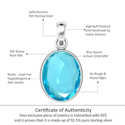 Chunky Natural Gemstone Pendant Necklace For Women Onyx, Turquoise, Amber, Garnet Oval Boho Genuine 925 Sterling Silver Handmade Jewelry - color: Blue Quartz