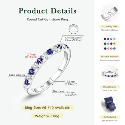 Birthstone Rings Eternity Band 925 Sterling Silver/Yellow Gold-Plated Created Gemstone Stackable Wedding Band 2.7mm Thin Half Eternity Rings for Women Size 6 to 10 - color: 09-Sapphire-Sep.