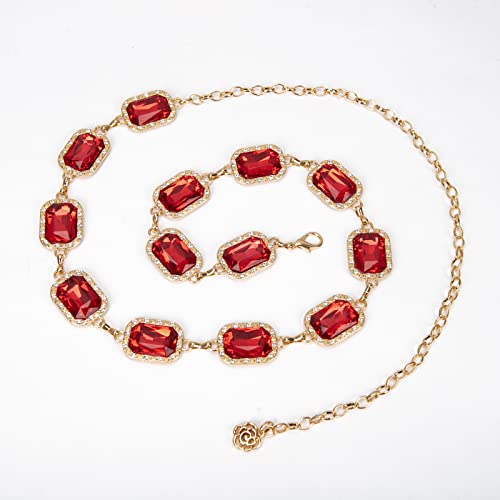 ILuvatar Green Glass Diamond Chain Belt - Metal Women's Western Style Dress Belt - color: Gold-s-red