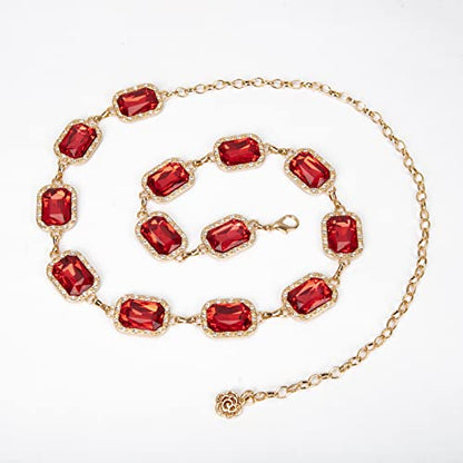 ILuvatar Green Glass Diamond Chain Belt - Metal Women's Western Style Dress Belt - color: Gold-s-red