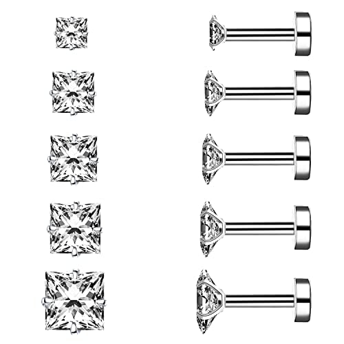 Princess Cut Clear Cubic Zirconia Stud Earrings for Women Men Square Earrings Studs Hypoallergenic Surgical Steel Helix Screw Back Earrings 18G 5 Pairs 3-7mm - color: Silver-A