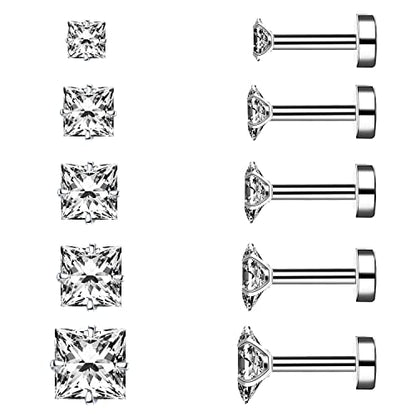 Princess Cut Clear Cubic Zirconia Stud Earrings for Women Men Square Earrings Studs Hypoallergenic Surgical Steel Helix Screw Back Earrings 18G 5 Pairs 3-7mm - color: Silver-A