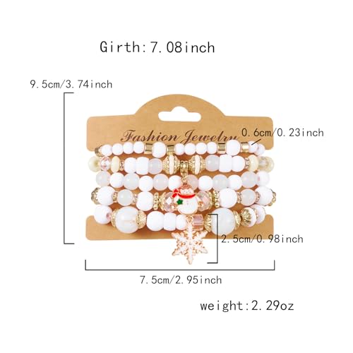 WETMT 5 PCS Christmas Bracelets for Women Acrylic Green White Bead Elastic Christmas Tree Snowflakes Stretch Bracelets Stack Holiday Party Jewelry Gifts Stocking Stuffers - color: white