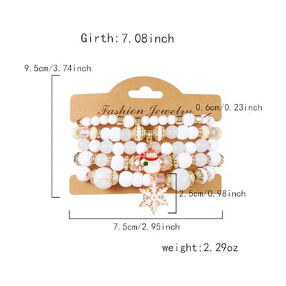 WETMT 5 PCS Christmas Bracelets for Women Acrylic Green White Bead Elastic Christmas Tree Snowflakes Stretch Bracelets Stack Holiday Party Jewelry Gifts Stocking Stuffers - color: white
