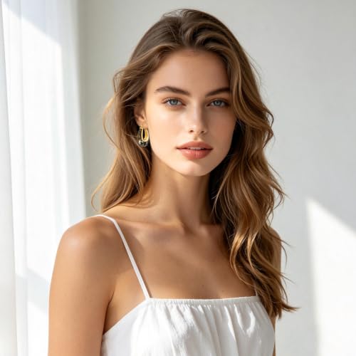 Enamel Hoop Earring for Women 18k Gold Plated Chunky Two-Tone U/C Shaped Earring Enamel Jewelry Gift for Wife Girlfriend - color: Black 1