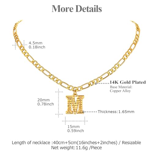 14K Gold Plated Initial Necklaces for Women Men A-Z Letter Necklaces | Figaro Chain, 16"+2" Adjustable Length, with Gift Box - style: M