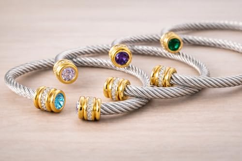 Birthstone Cable Cuff Bracelet for Women - Adjustable Open Cuff, Two-Tone Gold & Silver Twisted Bangle, Classic Stackable Jewelry Gift - color: Tourmaline
