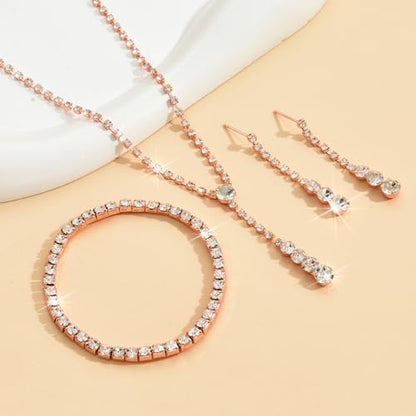 Gold Jewelry Set for Prom,Pearl Necklace Earrings Bracelet Crystal Bridal Wedding Prom Dresses Costume Jewelry Accessories Rhinestone Bridal Jewelry Set for Women - color: Rose Gold