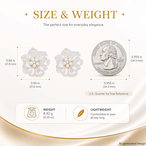 HETICA Pearl Flower Stud Earrings for Women, White Camellia | Faux Pearls, Cubic Zirconia, Lightweight Floral, Wedding, Party, Daily Wear, Gift
