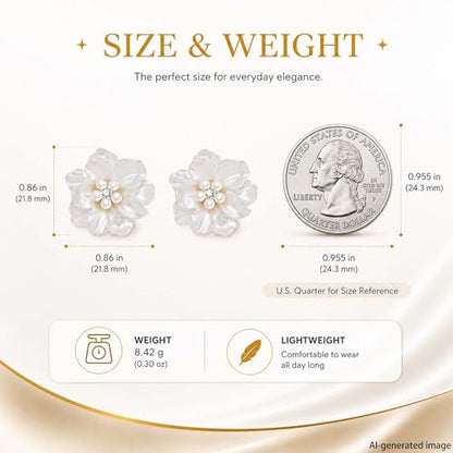 HETICA Pearl Flower Stud Earrings for Women, White Camellia | Faux Pearls, Cubic Zirconia, Lightweight Floral, Wedding, Party, Daily Wear, Gift