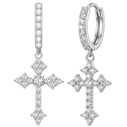 NEWITIN CZ Cross Earrings for Men Women 14K Gold Plated Huggie Hoop Earring | Hypoallergenic, 5A+ Cubic Zirconia, Cartilage Earring, Sensitive Ears, Silver Gold, Men Hoops Dangling, Cross Diamond Earring - color: Silver A