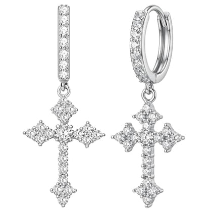 NEWITIN CZ Cross Earrings for Men Women 14K Gold Plated Huggie Hoop Earring | Hypoallergenic, 5A+ Cubic Zirconia, Cartilage Earring, Sensitive Ears, Silver Gold, Men Hoops Dangling, Cross Diamond Earring - color: Silver A