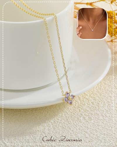 ZHESHY Birthstone Gold Necklaces for Women Dainty 14K Gold Plated Necklace | Simple Non Tarnish Diamond Cubic Zirconia Pendant Necklaces Women Gold Trendy Jewelry Bridesmaid Birthday Gifts - color: Light Purple June