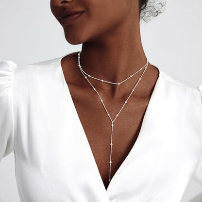 Zeffy Lariat Gold Necklace for Women, Dainty Long Necklace 14k Gold/Silver Plated Layered CZ Beaded Bar Chain Y-Shaped Body Chain Stack Drop Wedding Necklace Trendy Simple Gold Jewelry Gifts - color: Silver Y Bead Necklace (1PCS)
