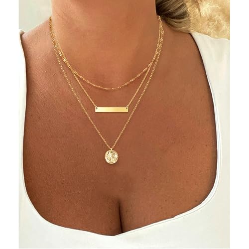 Aisansty Dainty Layered Choker Necklaces Handmade Coin Tube Star Pearl Pendant Multilayer Adjustable Layering Chain Gold Plated Necklaces Set for Women - color: Gold, style: Gold Bar&Disc