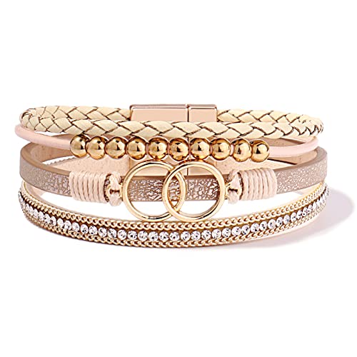 Chunky Boho Leather Wrap Bracelets Cowgirl Beaded Circle Western Jewelry | Stackable Infinity Layered Bohemian Magnetic Clasp Cuff Statement Fashion Colorful Country Hippie Outfits for Women Trendy - color: Gold