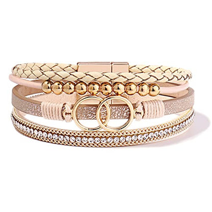 Chunky Boho Leather Wrap Bracelets Cowgirl Beaded Circle Western Jewelry | Stackable Infinity Layered Bohemian Magnetic Clasp Cuff Statement Fashion Colorful Country Hippie Outfits for Women Trendy - color: Gold