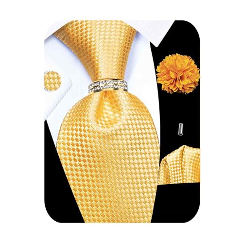 5PCS Mens Silk Tie, Pocket Square, Cufflinks, Drilled Tie Ring and Lapel Pin Set for Wedding Groom Party - color: Champagne Tie Set