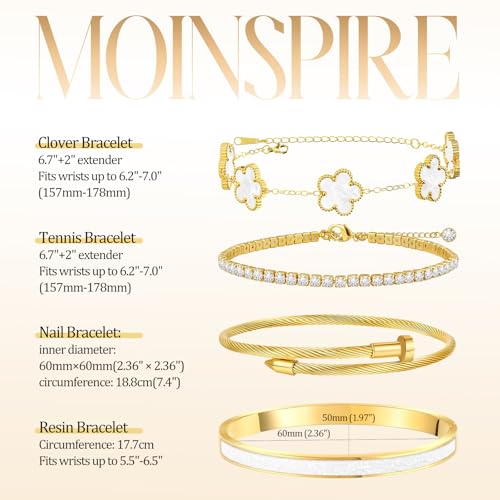 MOINSPIRE Gold Bracelets for Women, 18K Gold Plated Tennis Nail Clover love Bangle Bracelets Set Non Tarnish, Stainless Steel Trendy Stackable Bracelet Fashion Jewelry Accessories Gifts for Christmas - color: A2-White