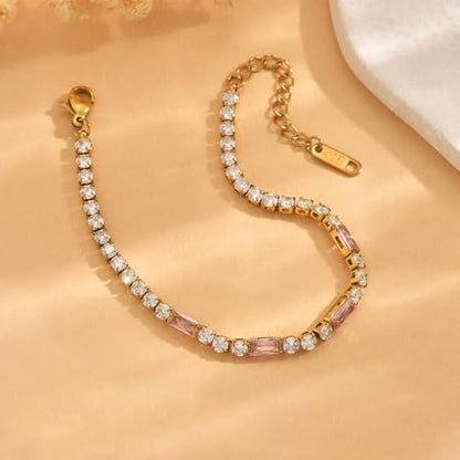 Tennis Bracelet for Women 18K Gold Plated White Red Green Black Blue Pink 3mm Cubic Zirconia Bracelet Dainty Diamond Adjustable Bracelet Trendy Jewelry Gift - color: Pink Tennis-Gold