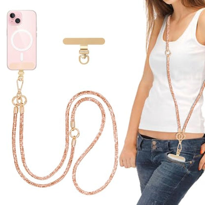 Crystal Phone Strap Crossbody Rhinestone Anti Theft Layered Strap Crossbody Gold Metal Buckles Cell Phone Neck for Women (Peach) - color: Peach