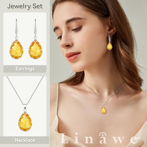 Linawe Crystal Jewelry Sets for Women, Imitation Diamond Pendant Necklace, Rhinestone Drop Dangle Earrings, Birthstone Cubic Zirconia Matching Wedding Jewelry, 14K Gold/Rose Gold/Silver Tones - color: Silver,Yellow,June