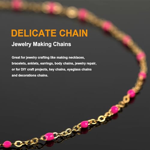 KYUNHOO 16.4 Feet/5M Rose Red Enamel Beaded Chain for Jewelry Making | Gold Plated Stainless Steel Chain Spool Cross Cable Link Chains Bulk with Lobster Clasps and Jump Rings - color: Gold-Rose-2mm