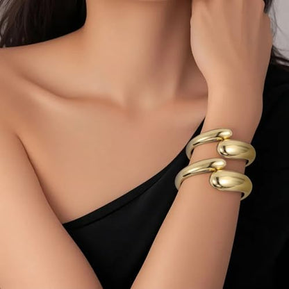 Emibele Cuff Bracelet Stack, 18K Gold-plated Open Bangle Bracelet, Teardrop Hinged Thick Wrist Chunky Bracelet Set for Women, Non Tarnish Jewelry Gift, 2 Pack - color: Gold Teardrop