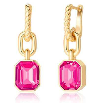 Birthstone Crystal Dangle Drop Earrings, 18K Gold Plated Huggie HoopEarring | Hypoallergenic Earring Jewelry Gifts for Women, Birthdays, anniversaries, weddings - color: Hot Pink-1