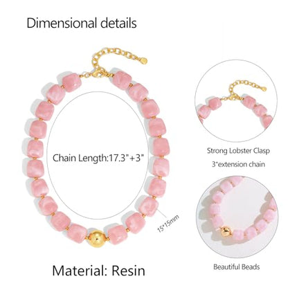 Chunky Colorful Beaded Choker Necklace for Women, Summer Beach Statement Resin Beads Necklace, Trendy Womens Summer Beach Jewelry Birthday Gifts for Vacation Holiday - color: Square Soft Pink Bead