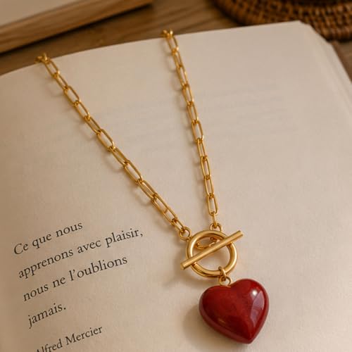 Teardrop CZ Pendant Paperclip Chain Necklace 18K Plated Paperclip Toggle Necklace Jewelry Birthstone Gift for Women - color: Red patterned