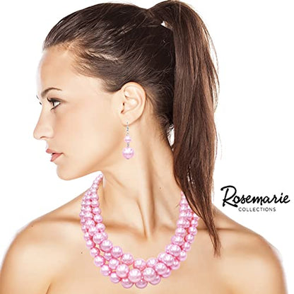 Rosemarie & Jubalee Women's 3 Colorful Multi Strands Simulated Pearl Necklace And Earrings Jewelry Gift Set, 18"+3" Extender - color: Light Pink Silver Tone - Double Ball Earring
