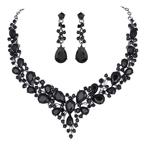 Molie Bridal Austrian Crystal Necklace and Earrings Jewelry Set Gifts fit with Wedding Dress - color: Black-Black tone