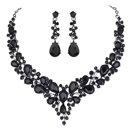 Molie Bridal Austrian Crystal Necklace and Earrings Jewelry Set Gifts fit with Wedding Dress - color: Black-Black tone