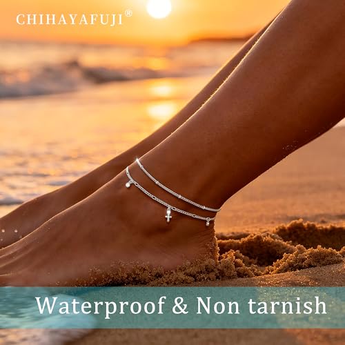 Sterling Silver Ankle Bracelets for Women 14K Gold Waterproof Layered Stackable Bead Chain Cross Charm Non Tarnish Large Adjustable Anklet for Summer Beach Jewelry Gift - color: silver2