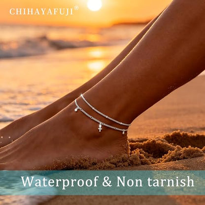 Sterling Silver Ankle Bracelets for Women 14K Gold Waterproof Layered Stackable Bead Chain Cross Charm Non Tarnish Large Adjustable Anklet for Summer Beach Jewelry Gift - color: silver2